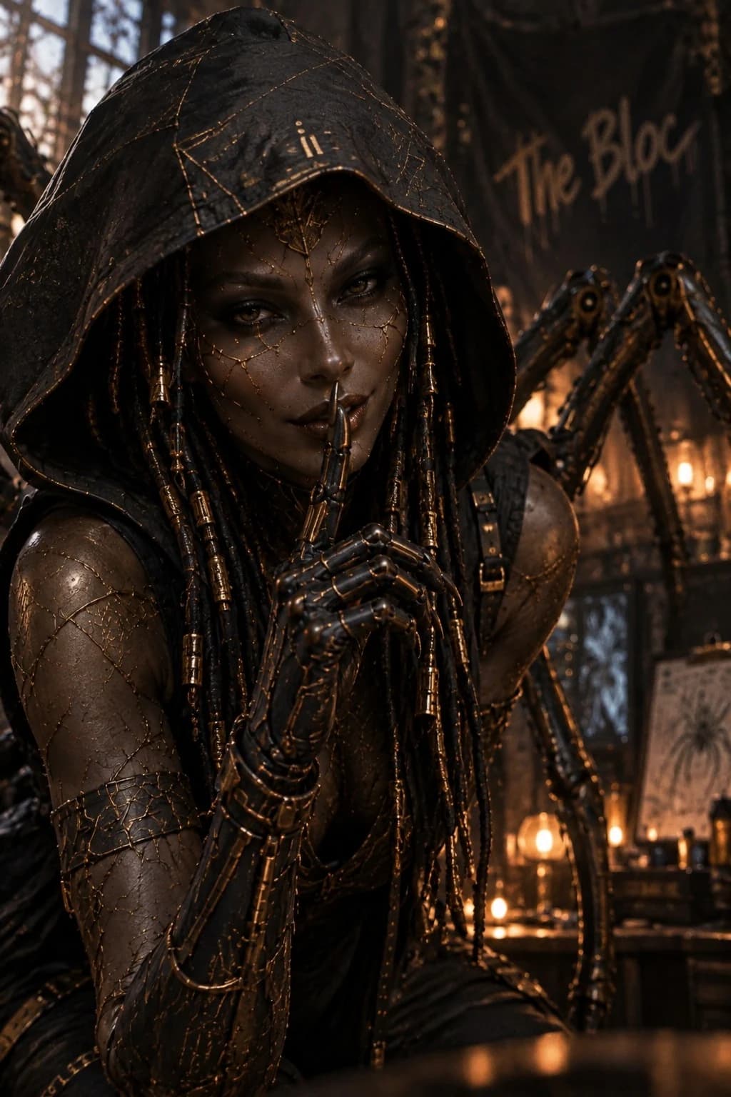 U*TTU : capuche noire, visage marqué de fines lignes dorées, fond sombre.